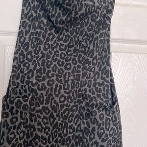 Weston Wear strapless dress in a dark gray and black cheetah print